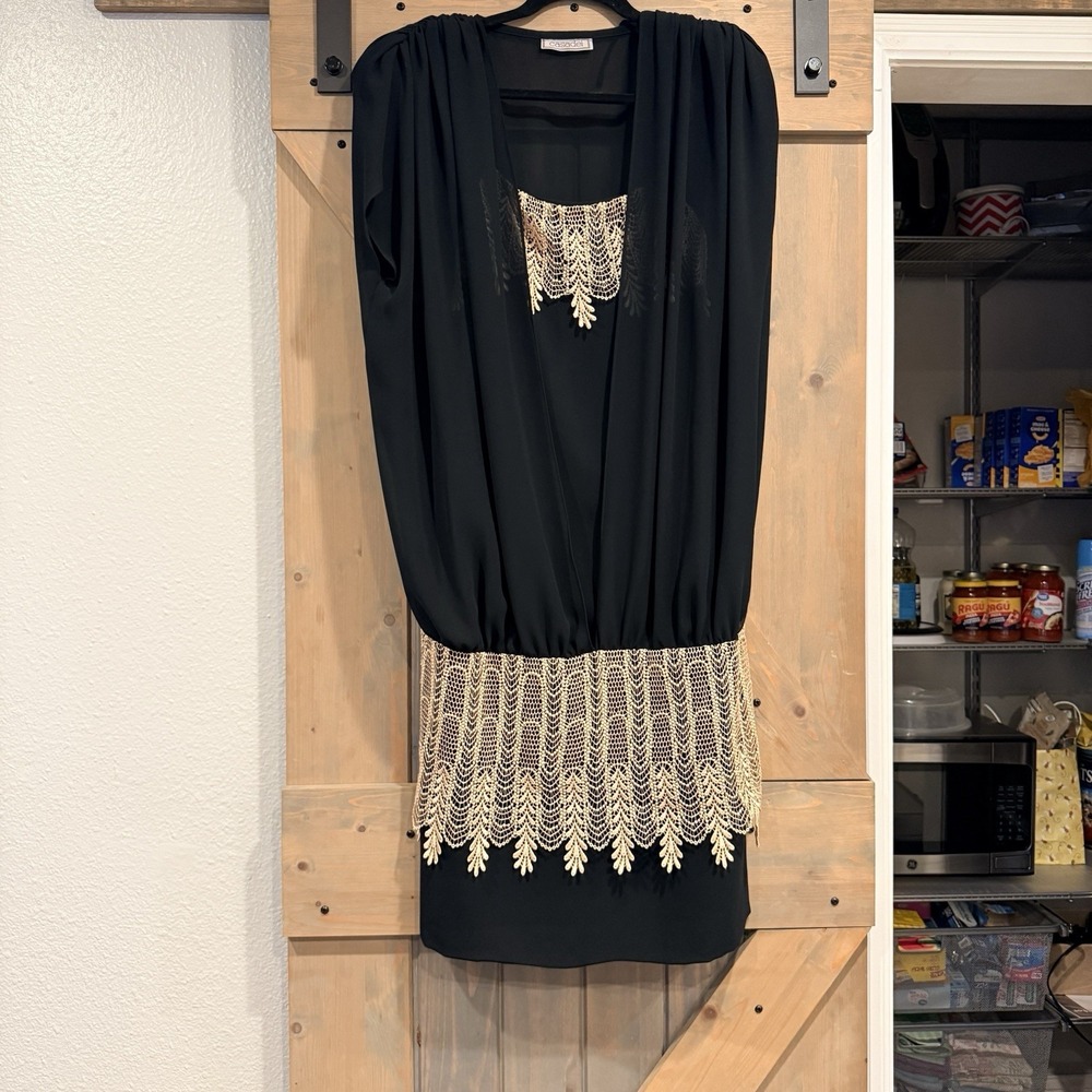 Vintage Casadel Black Cocktail Dress Lace Overlay Art Deco Sheer Sleeve Small